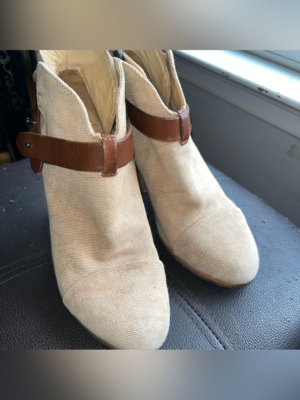 rag & bone Beige Canvas Ankle Boots with Brown Leather Strap